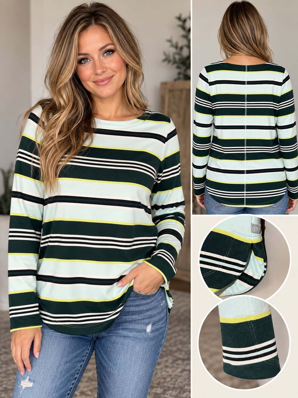 T by Talbots French Terry Pullover Size L Stripe Long Sleeve Top